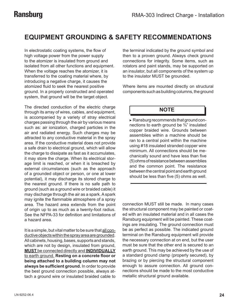 Ransburg, Equipment grounding & safety recommendations, Rma-303 indirect charge - installation | Ransburg RMA Indirect A11600 User Manual | Page 28 / 103
