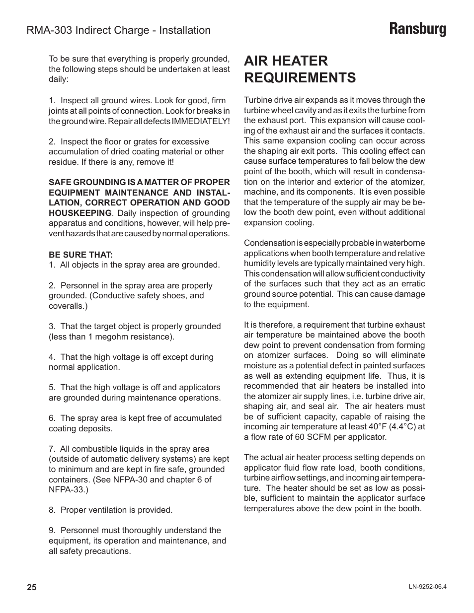 Ransburg, Air heater requirements, Rma-303 indirect charge - installation | Ransburg RMA Indirect A11600 User Manual | Page 29 / 103