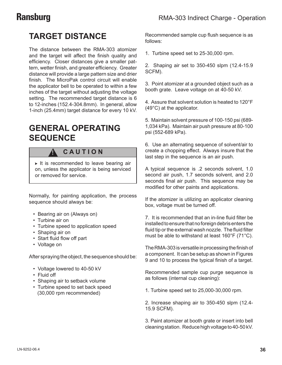 Ransburg, General operating sequence, Target distance | Ransburg RMA Indirect A11600 User Manual | Page 40 / 103