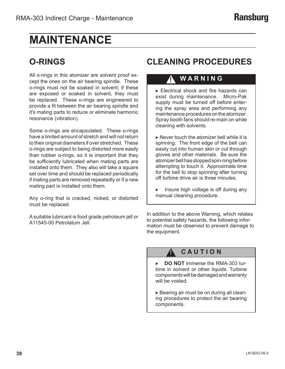 Maintenance, Ransburg, Cleaning procedures o-rings | Ransburg RMA Indirect A11600 User Manual | Page 43 / 103