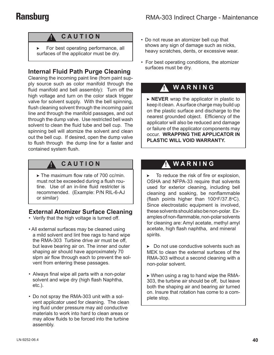 Ransburg, Internal fluid path purge cleaning, External atomizer surface cleaning | Rma-303 indirect charge - maintenance | Ransburg RMA Indirect A11600 User Manual | Page 44 / 103