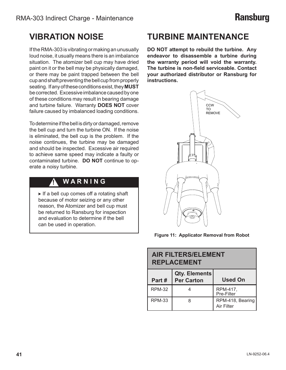 Ransburg, Turbine maintenance, Vibration noise | Air filters/element replacement, Rma-303 indirect charge - maintenance | Ransburg RMA Indirect A11600 User Manual | Page 45 / 103