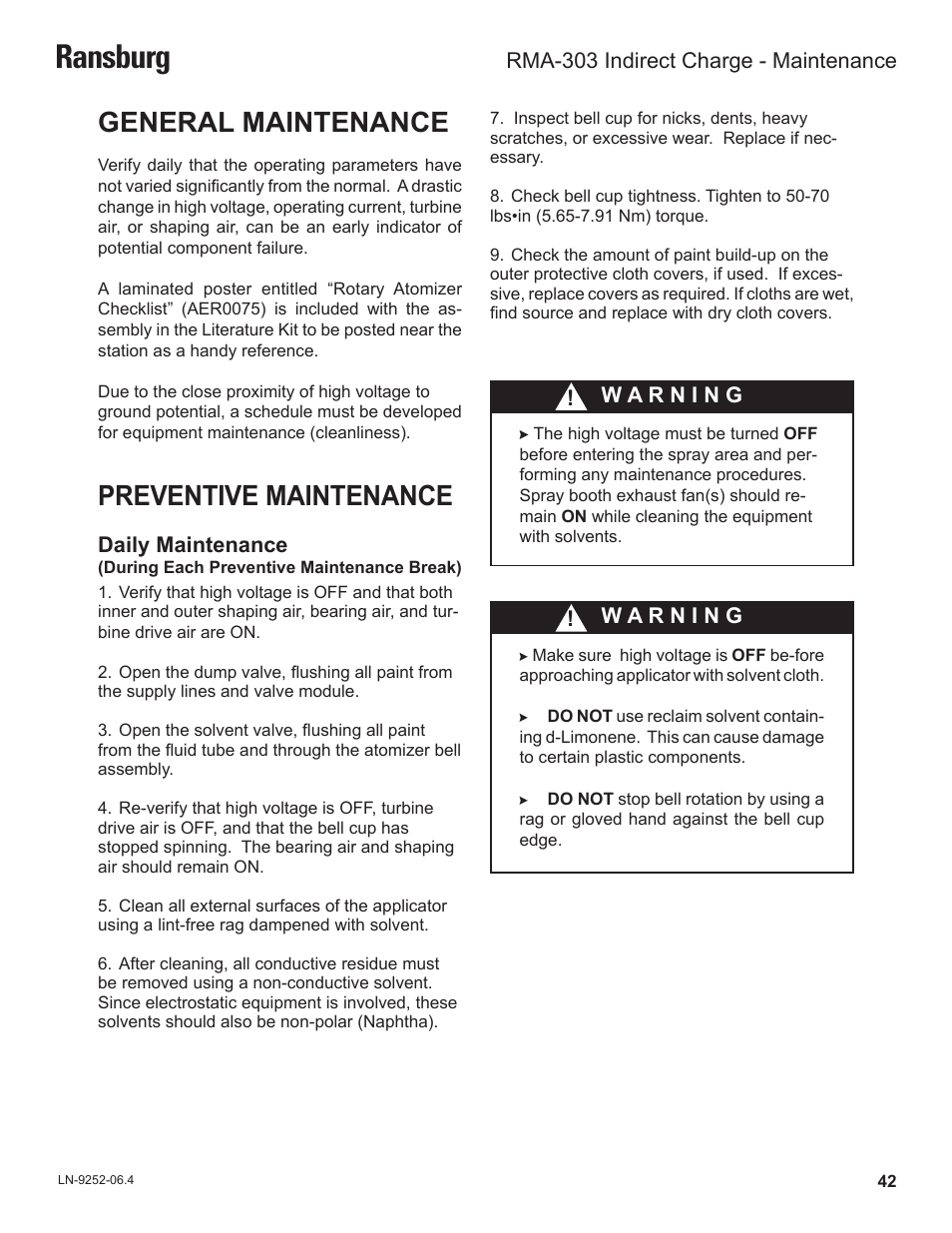 Ransburg, General maintenance, Preventive maintenance | Ransburg RMA Indirect A11600 User Manual | Page 46 / 103