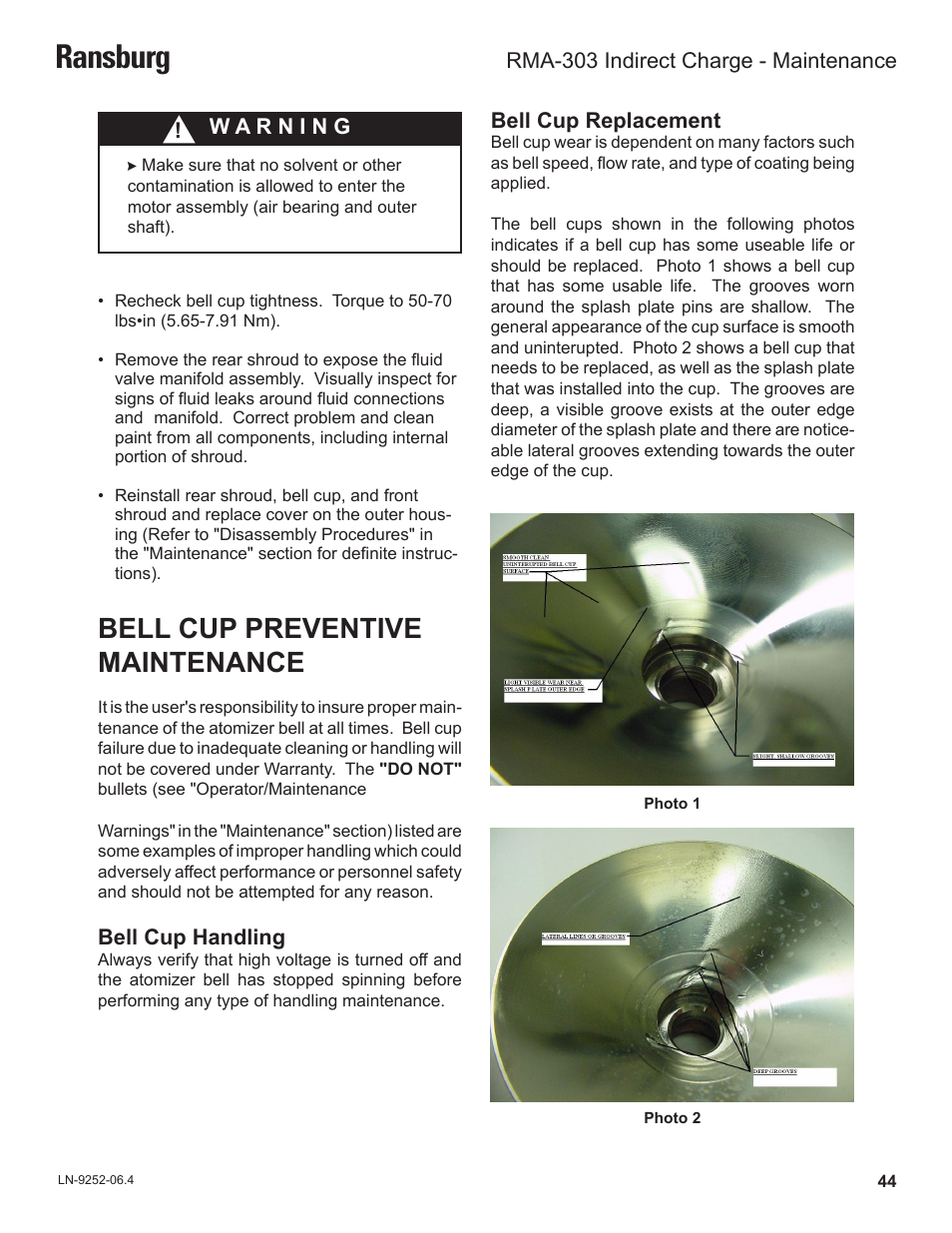 Ransburg, Bell cup preventive maintenance | Ransburg RMA Indirect A11600 User Manual | Page 48 / 103
