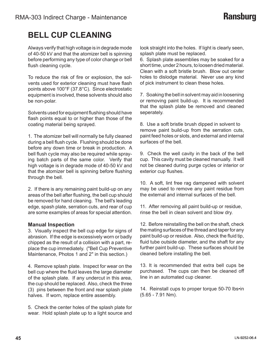 Ransburg, Bell cup cleaning, Rma-303 indirect charge - maintenance | Ransburg RMA Indirect A11600 User Manual | Page 49 / 103