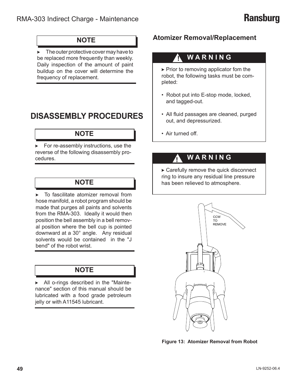 Ransburg, Disassembly procedures | Ransburg RMA Indirect A11600 User Manual | Page 53 / 103