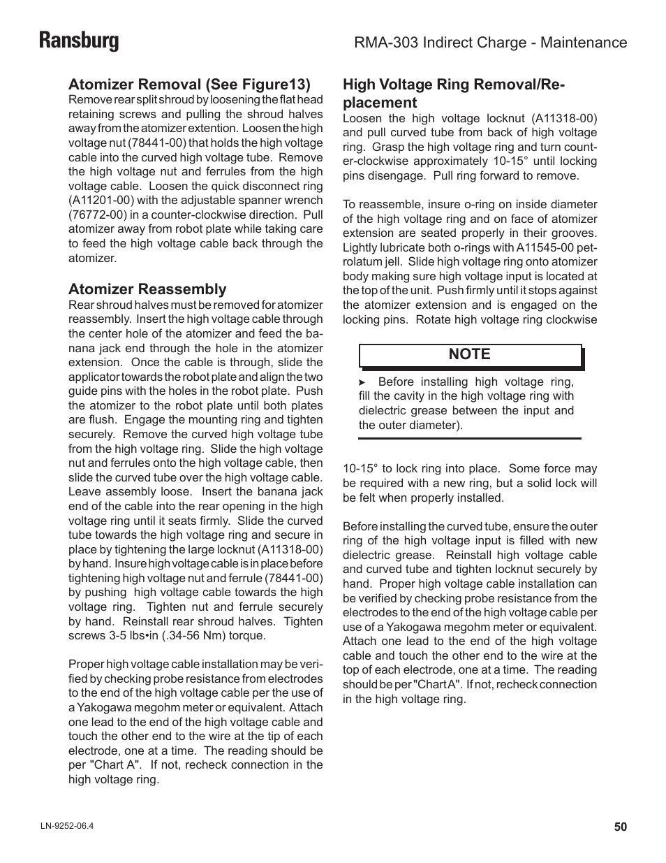 Ransburg, Atomizer removal (see figure13), Atomizer reassembly | High voltage ring removal/re- placement, Rma-303 indirect charge - maintenance | Ransburg RMA Indirect A11600 User Manual | Page 54 / 103