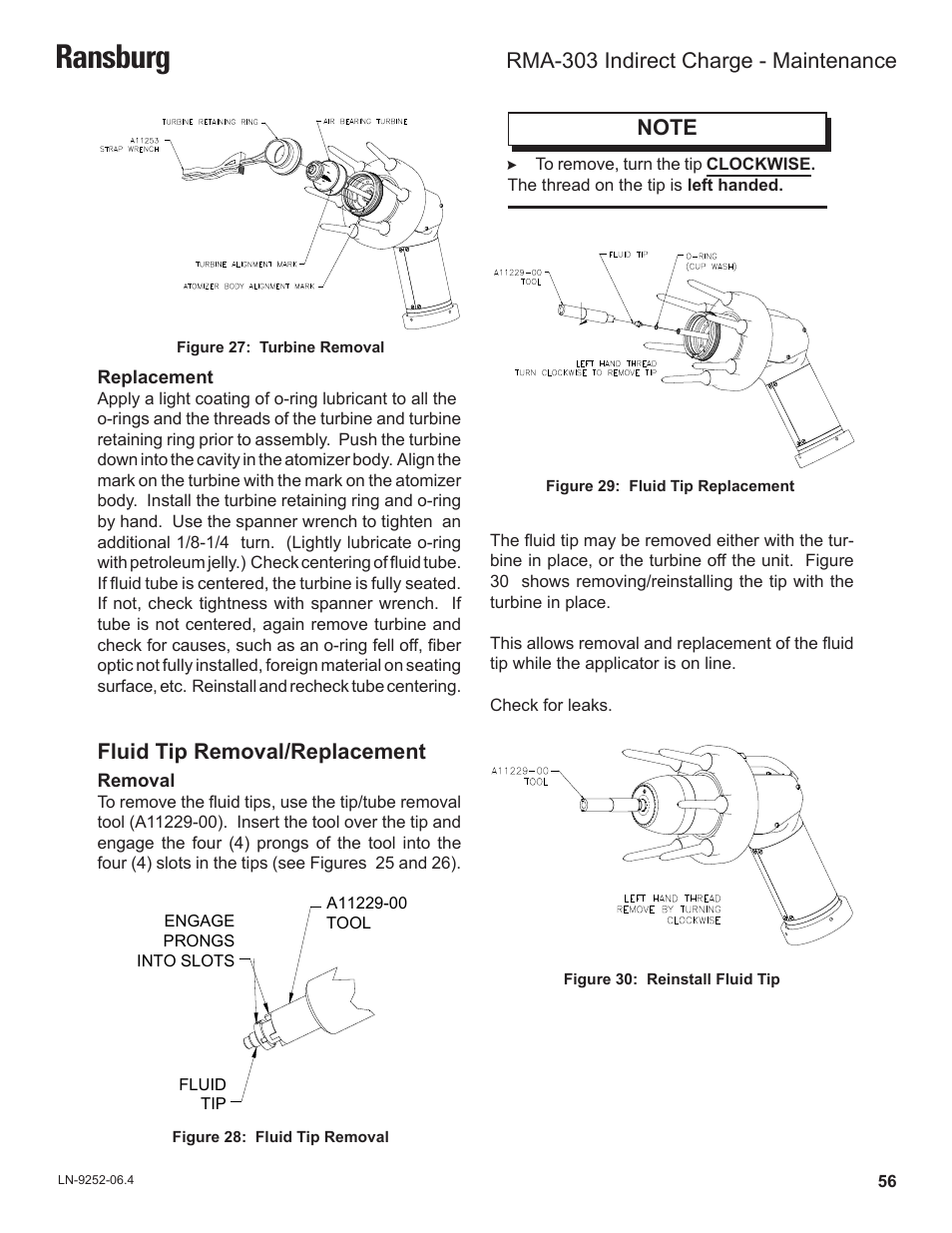 Ransburg, Fluid tip removal/replacement, Rma-303 indirect charge - maintenance | Ransburg RMA Indirect A11600 User Manual | Page 60 / 103