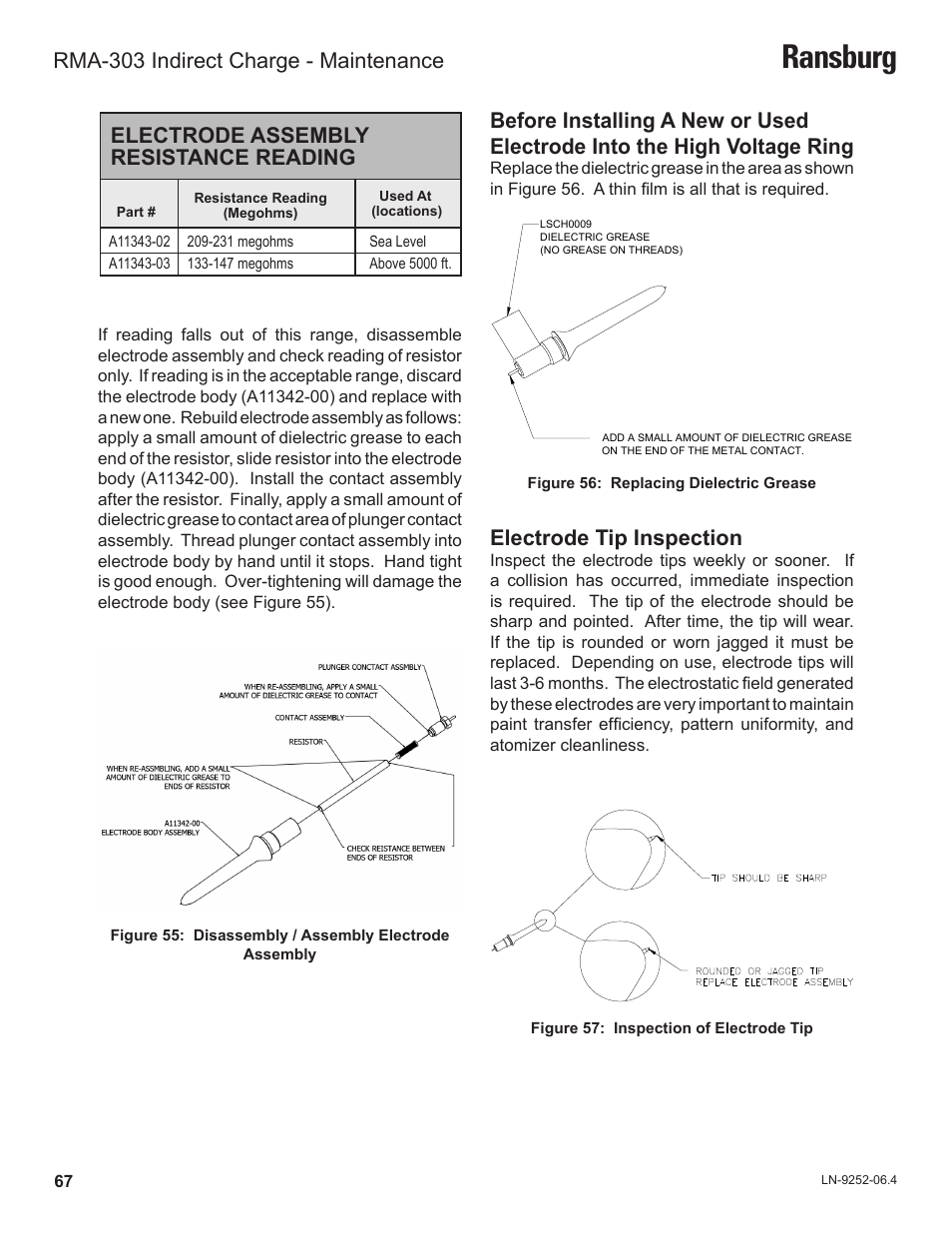 Ransburg, Electrode assembly resistance reading, Electrode tip inspection | Rma-303 indirect charge - maintenance | Ransburg RMA Indirect A11600 User Manual | Page 71 / 103