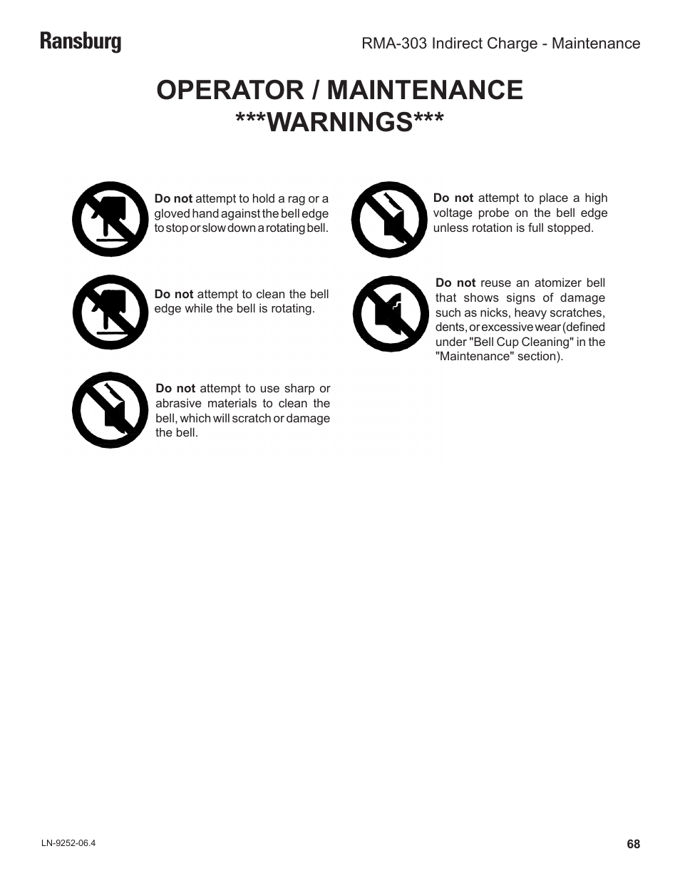 Operator / maintenance ***warnings, Ransburg | Ransburg RMA Indirect A11600 User Manual | Page 72 / 103