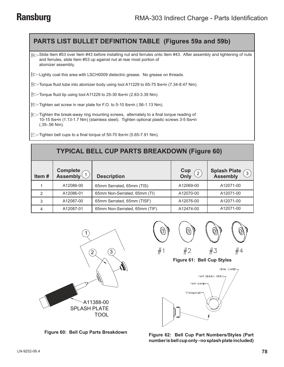 Ransburg, Typical bell cup parts breakdown (figure 60), Rma-303 indirect charge - parts identification | Ransburg RMA Indirect A11600 User Manual | Page 82 / 103