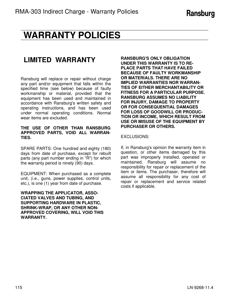 Warranty policies, Limited warranty | Ransburg RMA Indirect A12869 User Manual | Page 120 / 121
