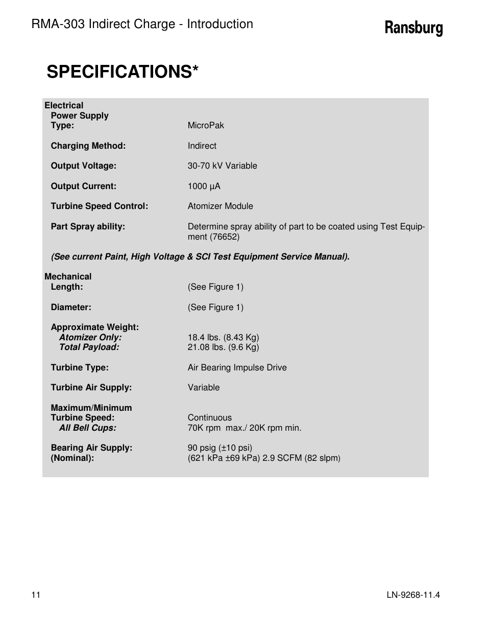 Specifications, Rma-303 indirect charge - introduction | Ransburg RMA Indirect A12869 User Manual | Page 16 / 121