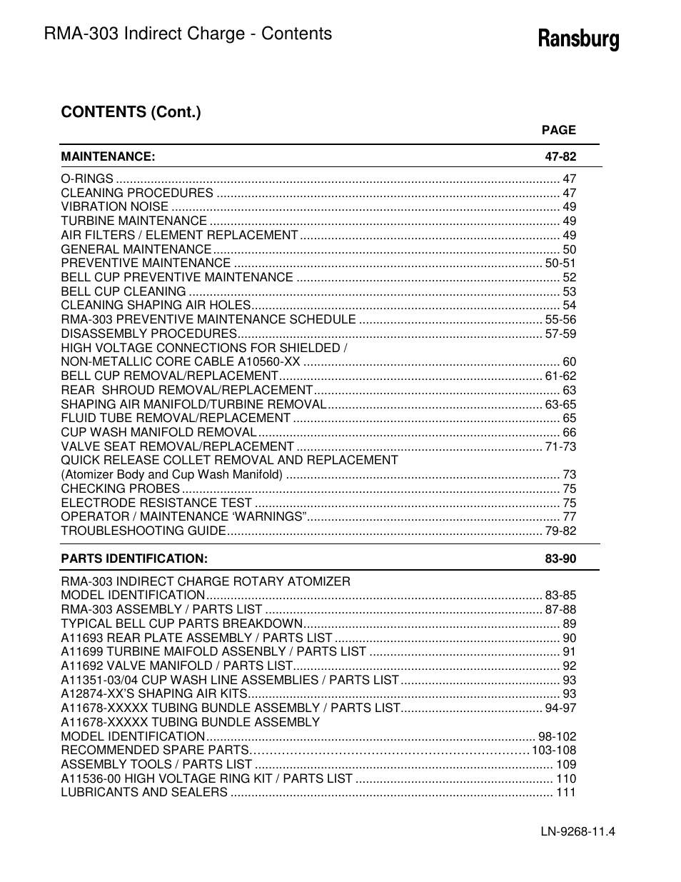 Rma-303 indirect charge - contents | Ransburg RMA Indirect A12869 User Manual | Page 4 / 121