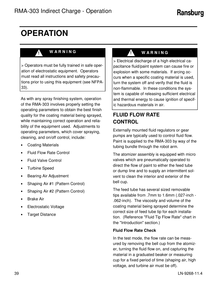 Operation, Rma-303 indirect charge - operation, Fluid flow rate control | Ransburg RMA Indirect A12869 User Manual | Page 44 / 121