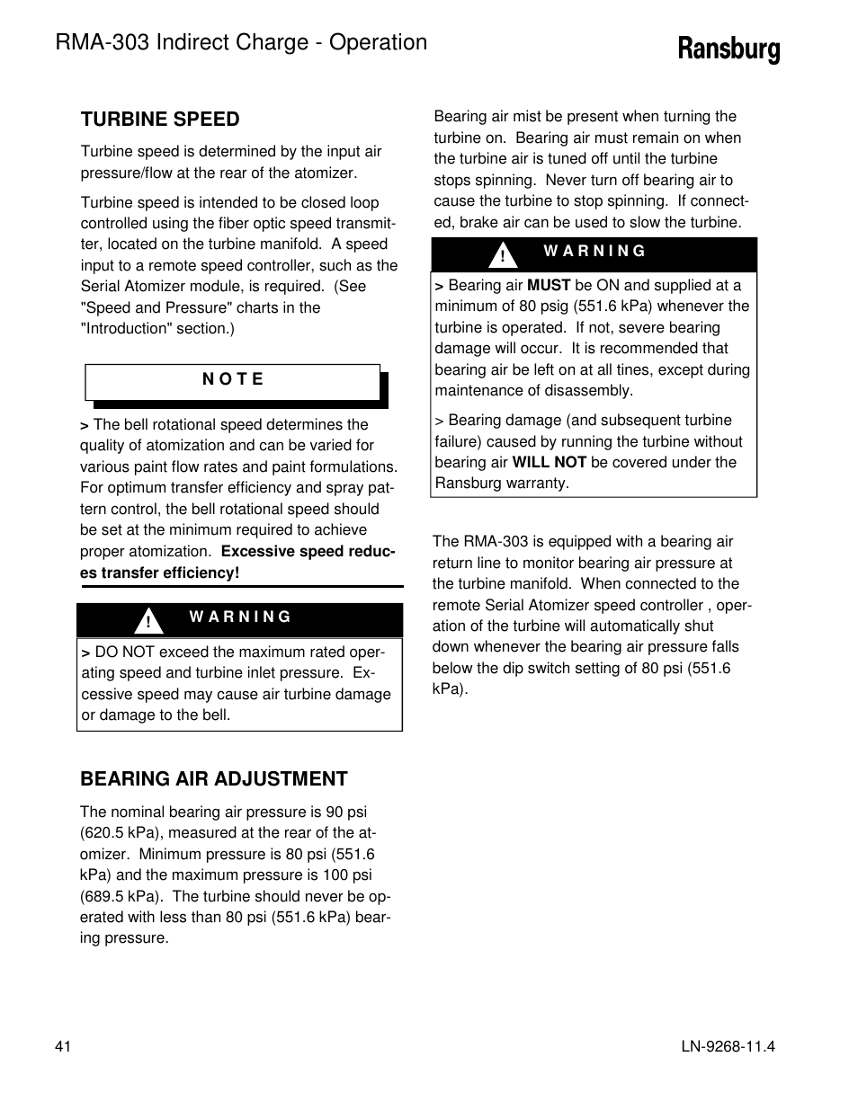 Rma-303 indirect charge - operation, Turbine speed, Bearing air adjustment | Ransburg RMA Indirect A12869 User Manual | Page 46 / 121