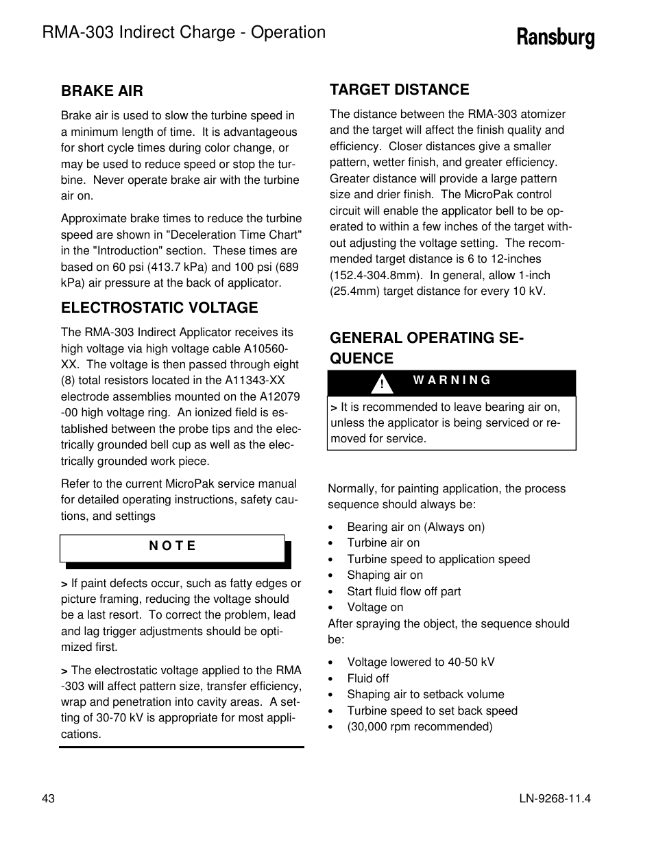 Rma-303 indirect charge - operation, Brake air, Electrostatic voltage | Target distance, General operating se- quence | Ransburg RMA Indirect A12869 User Manual | Page 48 / 121