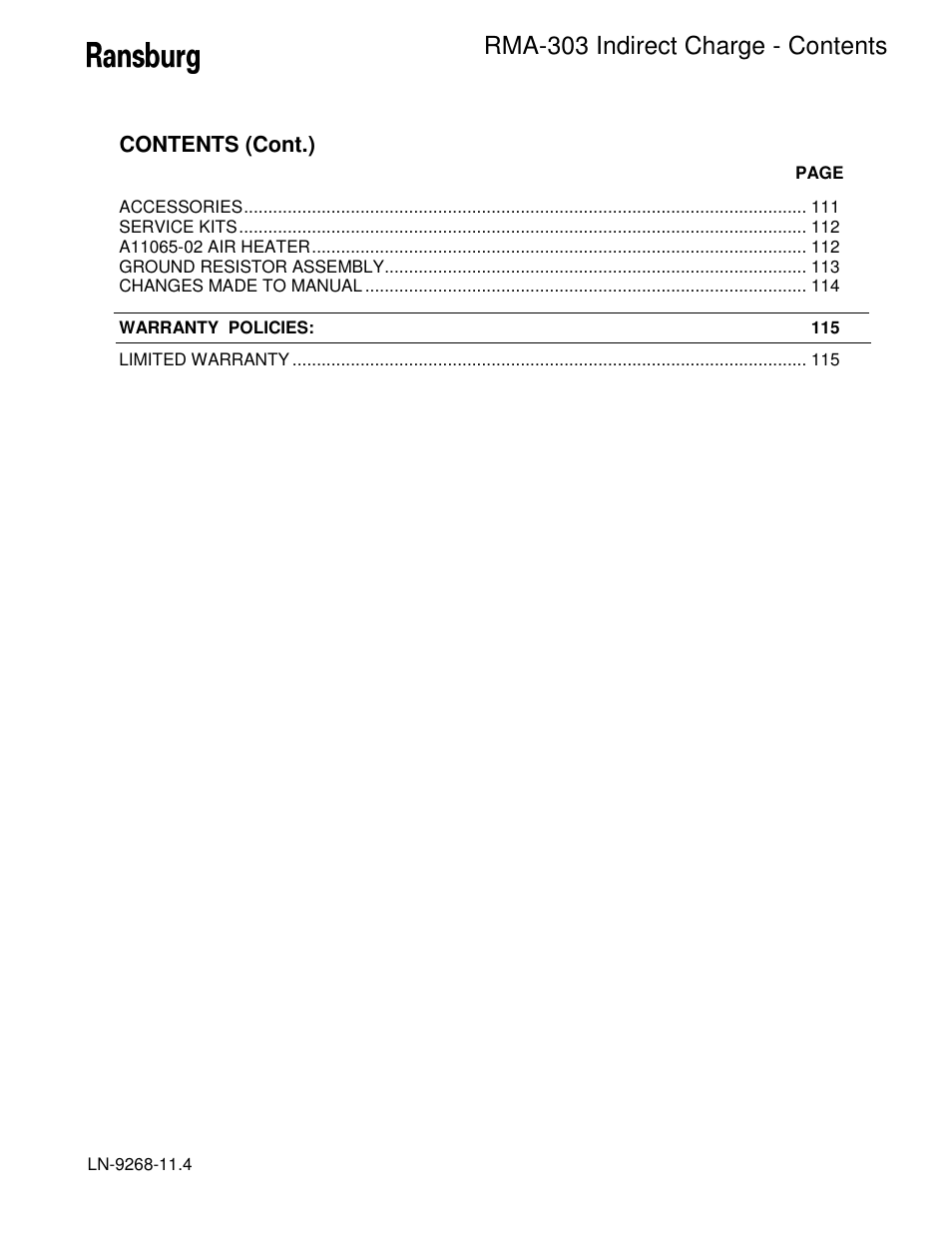 Rma-303 indirect charge - contents | Ransburg RMA Indirect A12869 User Manual | Page 5 / 121