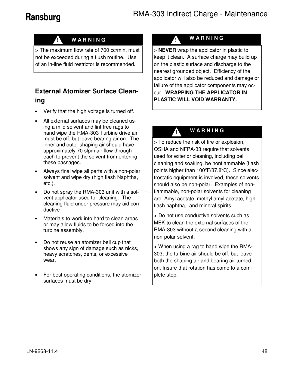 Rma-303 indirect charge - maintenance, External atomizer surface clean- ing | Ransburg RMA Indirect A12869 User Manual | Page 53 / 121