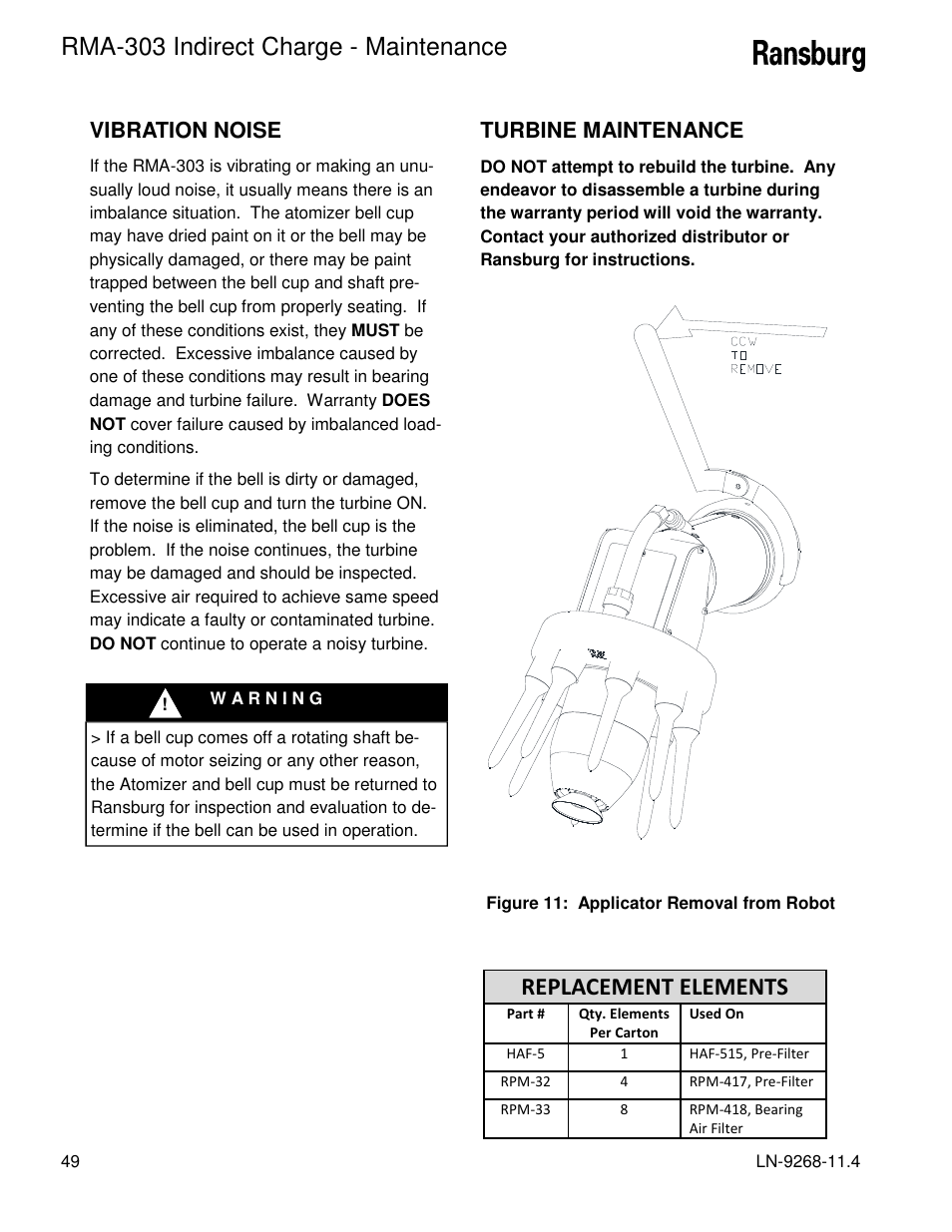 Rma-303 indirect charge - maintenance, Replacement elements, Vibration noise | Turbine maintenance | Ransburg RMA Indirect A12869 User Manual | Page 54 / 121