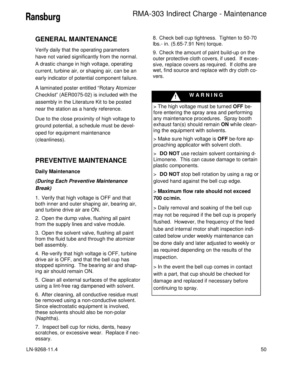 Rma-303 indirect charge - maintenance, General maintenance, Preventive maintenance | Ransburg RMA Indirect A12869 User Manual | Page 55 / 121