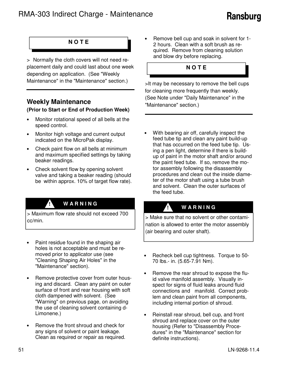 Rma-303 indirect charge - maintenance, Weekly maintenance | Ransburg RMA Indirect A12869 User Manual | Page 56 / 121