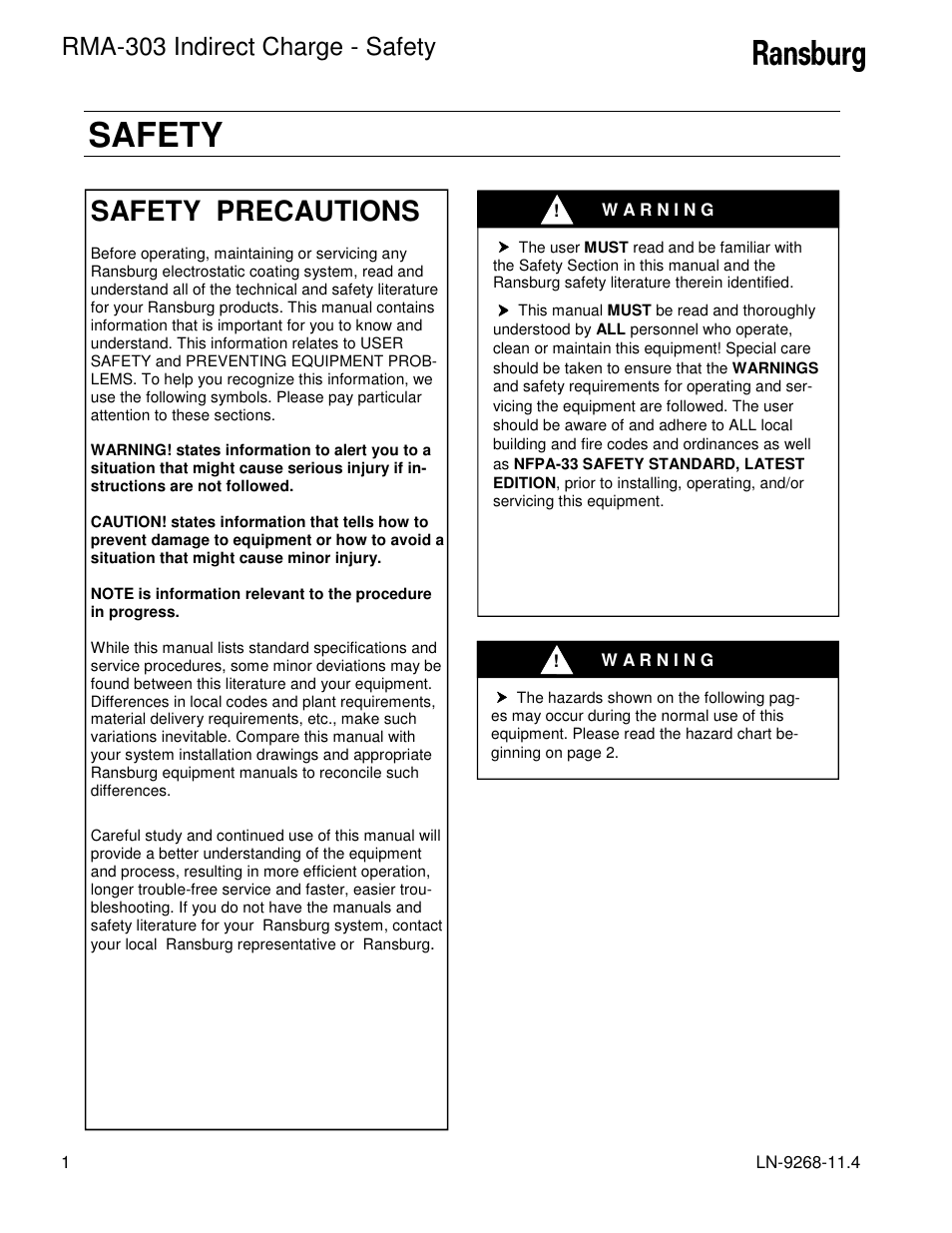 Safety, Safety precautions, Rma-303 indirect charge - safety | Ransburg RMA Indirect A12869 User Manual | Page 6 / 121