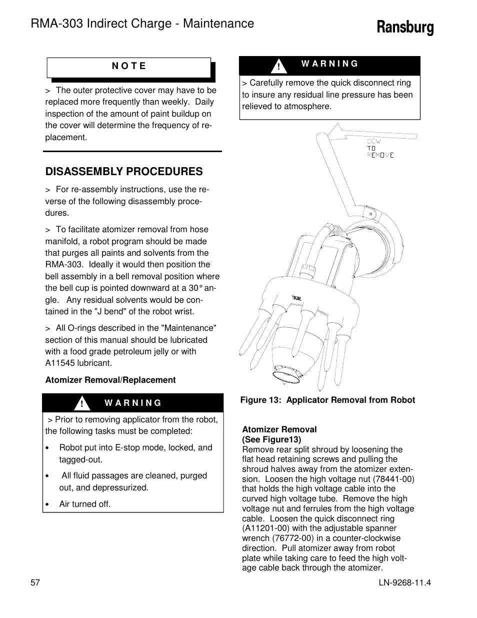 Rma-303 indirect charge - maintenance, Disassembly procedures | Ransburg RMA Indirect A12869 User Manual | Page 62 / 121