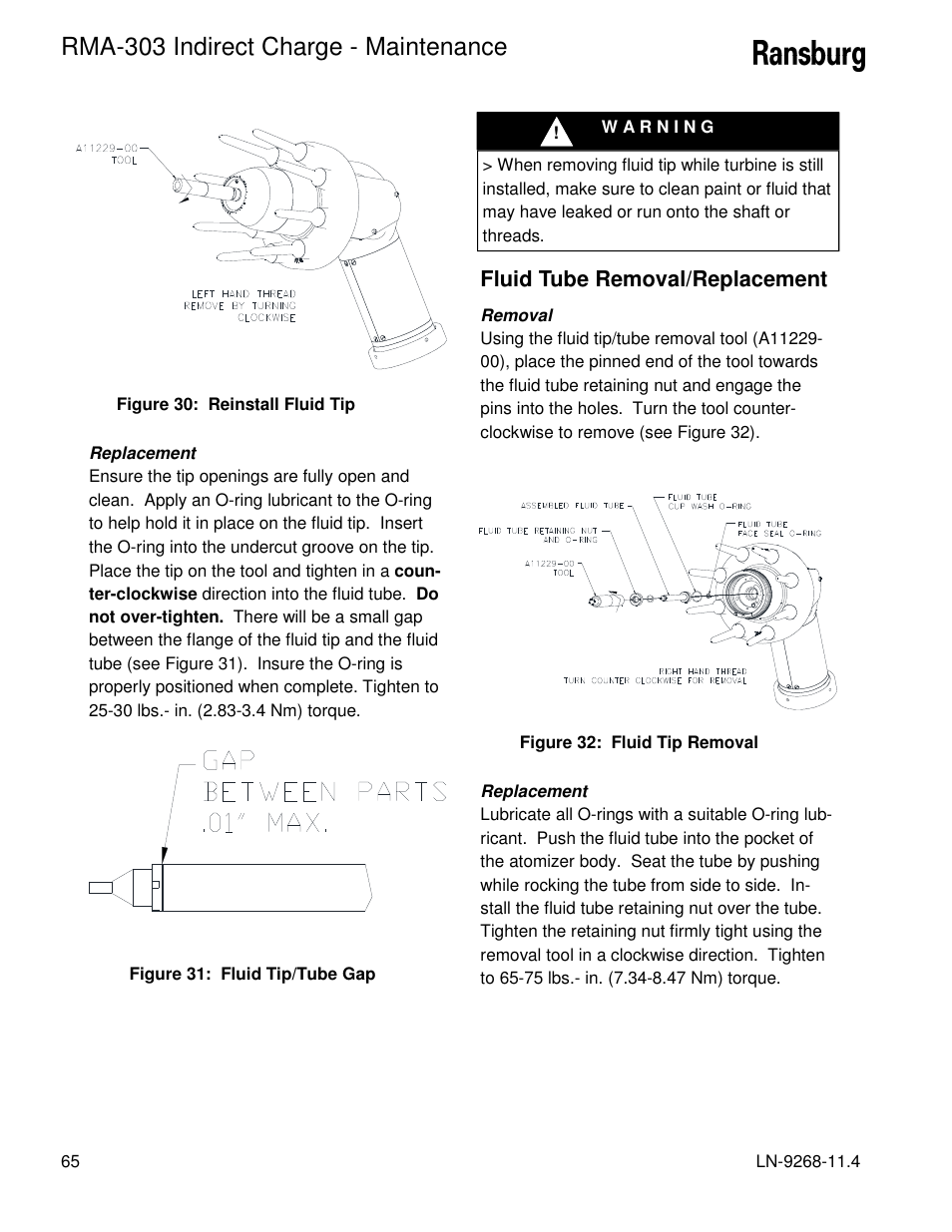 Rma-303 indirect charge - maintenance, Fluid tube removal/replacement | Ransburg RMA Indirect A12869 User Manual | Page 70 / 121