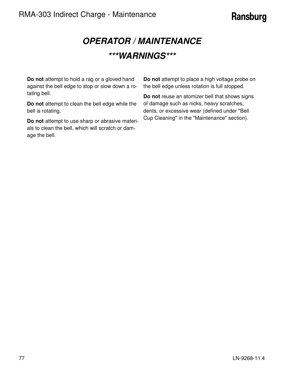 Operator / maintenance ***warnings, Rma-303 indirect charge - maintenance | Ransburg RMA Indirect A12869 User Manual | Page 82 / 121