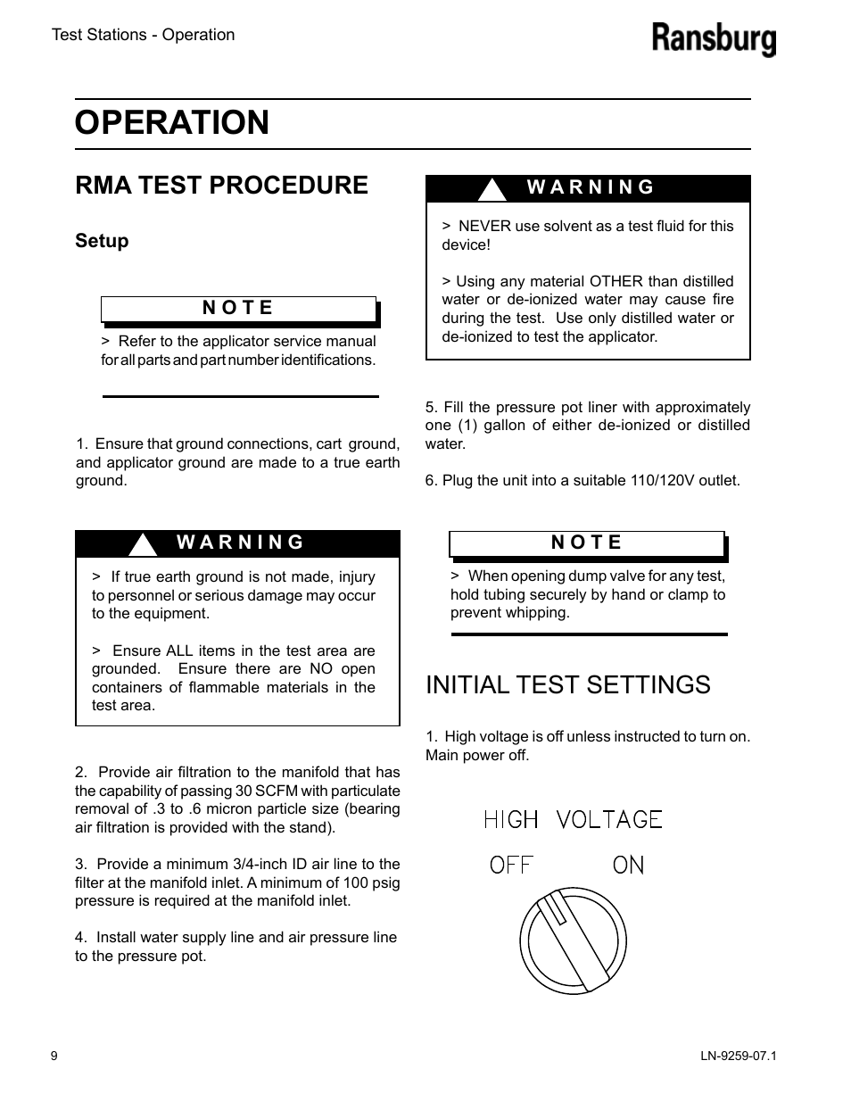 Operation, Rma test procedure, Initial test settings | Ransburg Test Stand RMA-303, EVOLVER, EVOLVER NE User Manual | Page 12 / 28