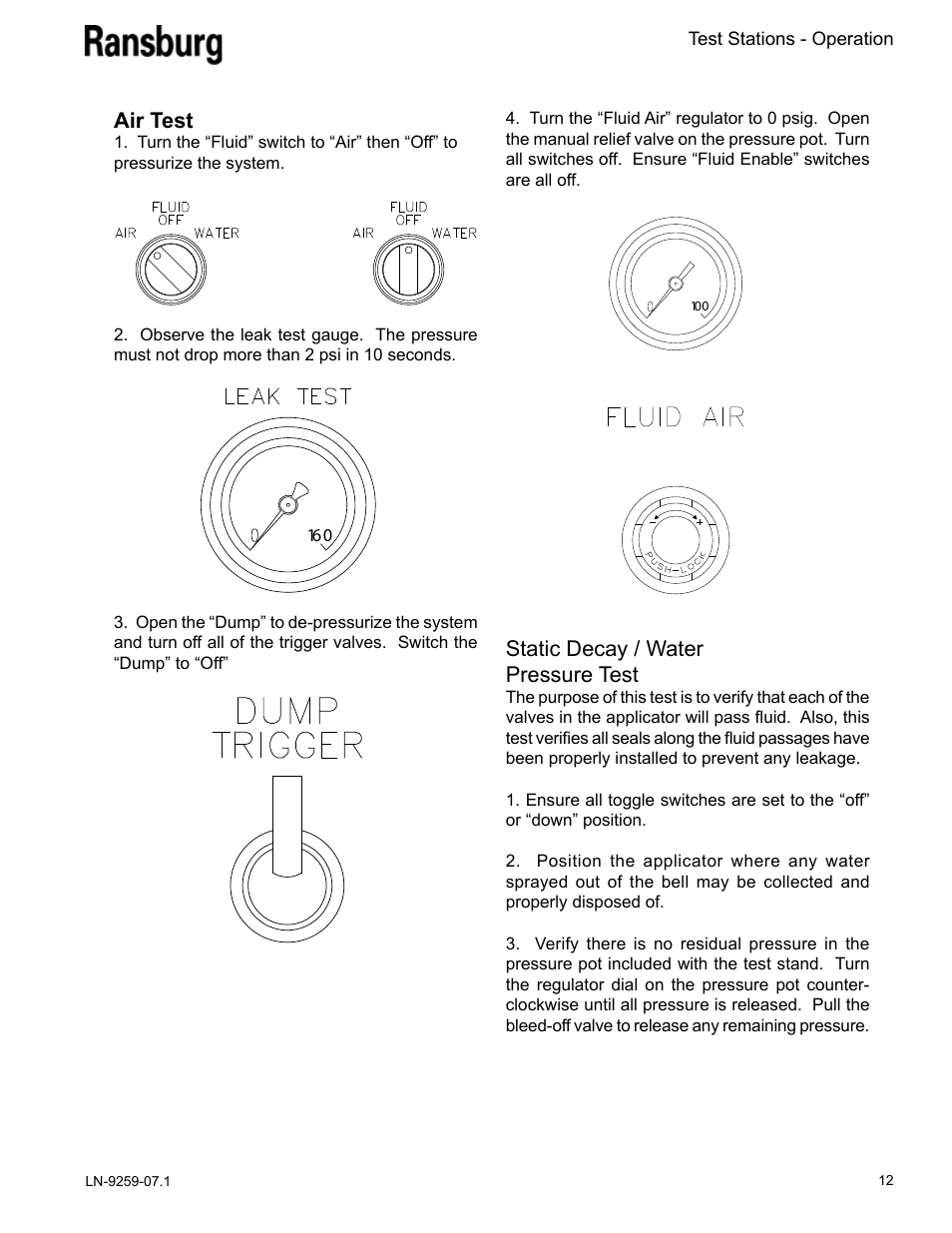 Air test, Static decay / water pressure test | Ransburg Test Stand RMA-303, EVOLVER, EVOLVER NE User Manual | Page 15 / 28