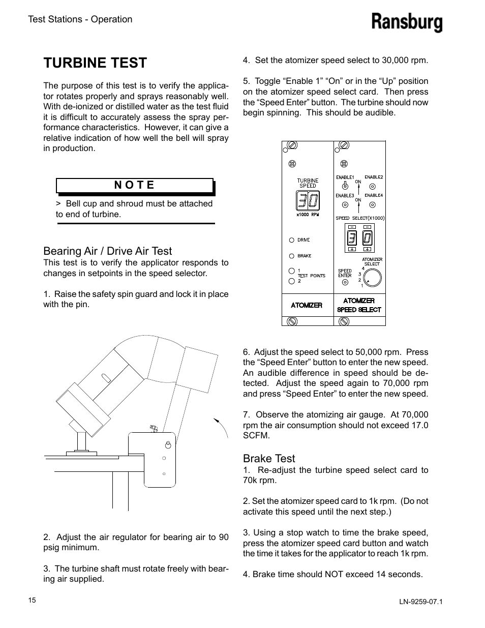 Turbine test, Bearing air / drive air test, N o t e | Brake test | Ransburg Test Stand RMA-303, EVOLVER, EVOLVER NE User Manual | Page 18 / 28