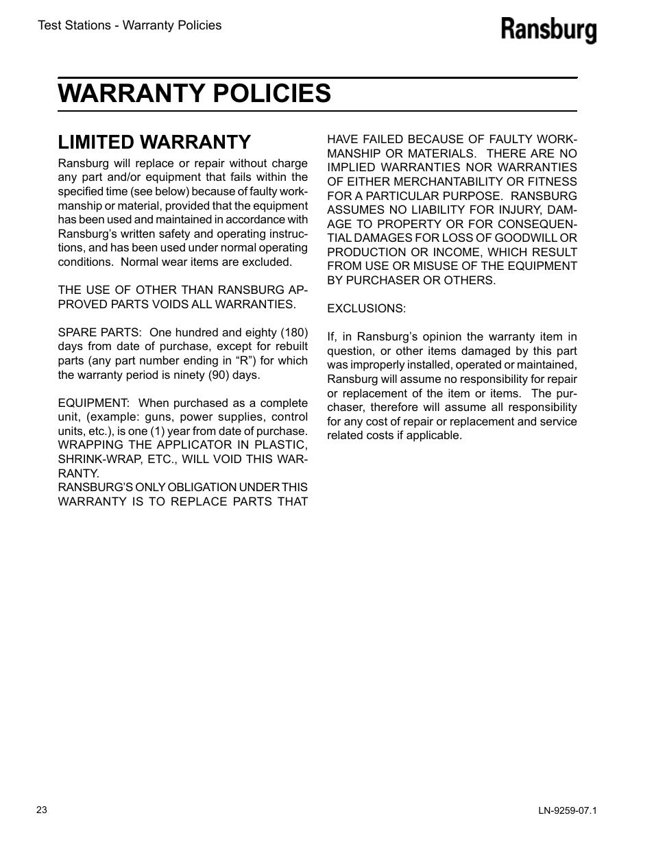 Warranty policies, Limited warranty | Ransburg Test Stand RMA-303, EVOLVER, EVOLVER NE User Manual | Page 26 / 28