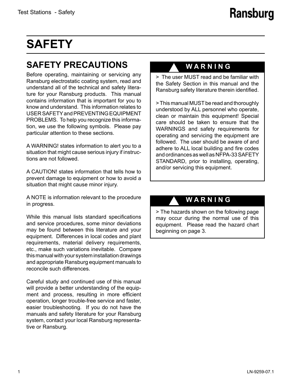 Safety, Safety precautions | Ransburg Test Stand RMA-303, EVOLVER, EVOLVER NE User Manual | Page 4 / 28