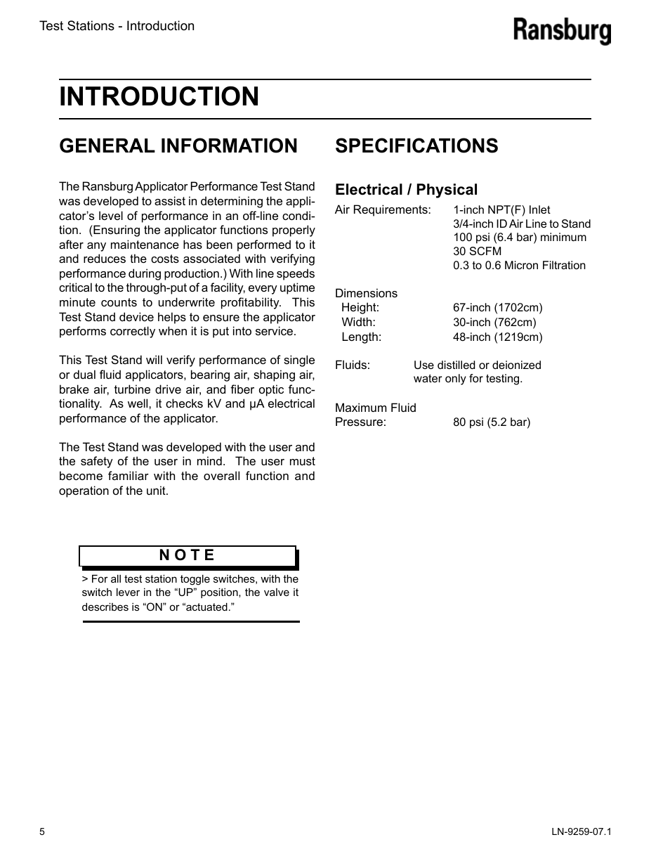 Introduction, Specifications, General information | Electrical / physical, N o t e | Ransburg Test Stand RMA-303, EVOLVER, EVOLVER NE User Manual | Page 8 / 28