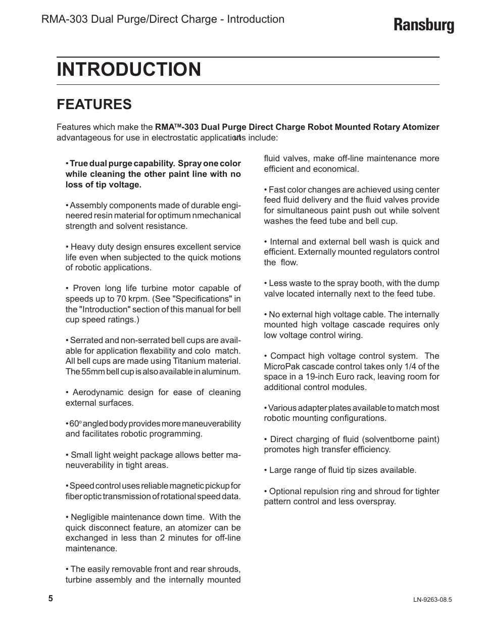Introduction, Ransburg, Features | Rma-303 dual purge/direct charge - introduction | Ransburg RMA Dual Purge Direct A12300 User Manual | Page 10 / 116