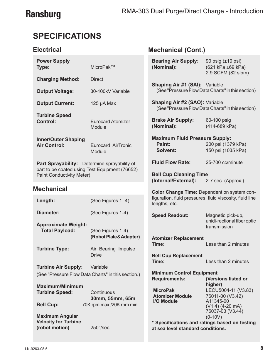 Ransburg, Specifications, Rma-303 dual purge/direct charge - introduction | Electrical mechanical, Mechanical (cont.) | Ransburg RMA Dual Purge Direct A12300 User Manual | Page 13 / 116