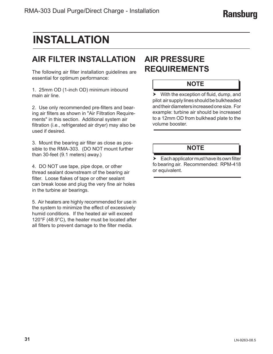 Installation, Ransburg, Air filter installation | Air pressure requirements | Ransburg RMA Dual Purge Direct A12300 User Manual | Page 36 / 116