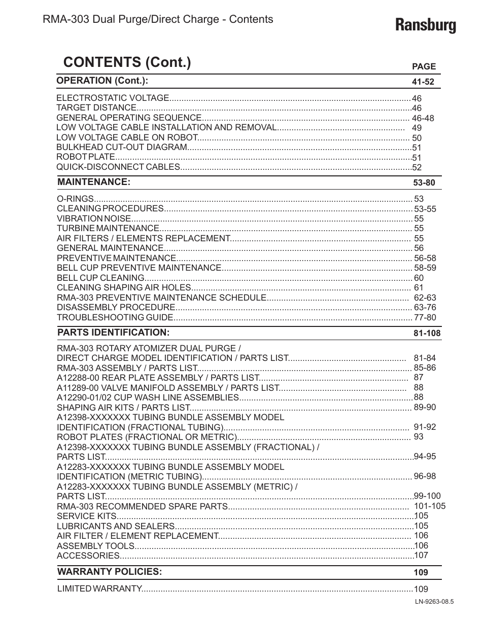 Ransburg, Contents (cont.), Rma-303 dual purge/direct charge - contents | Ransburg RMA Dual Purge Direct A12300 User Manual | Page 4 / 116