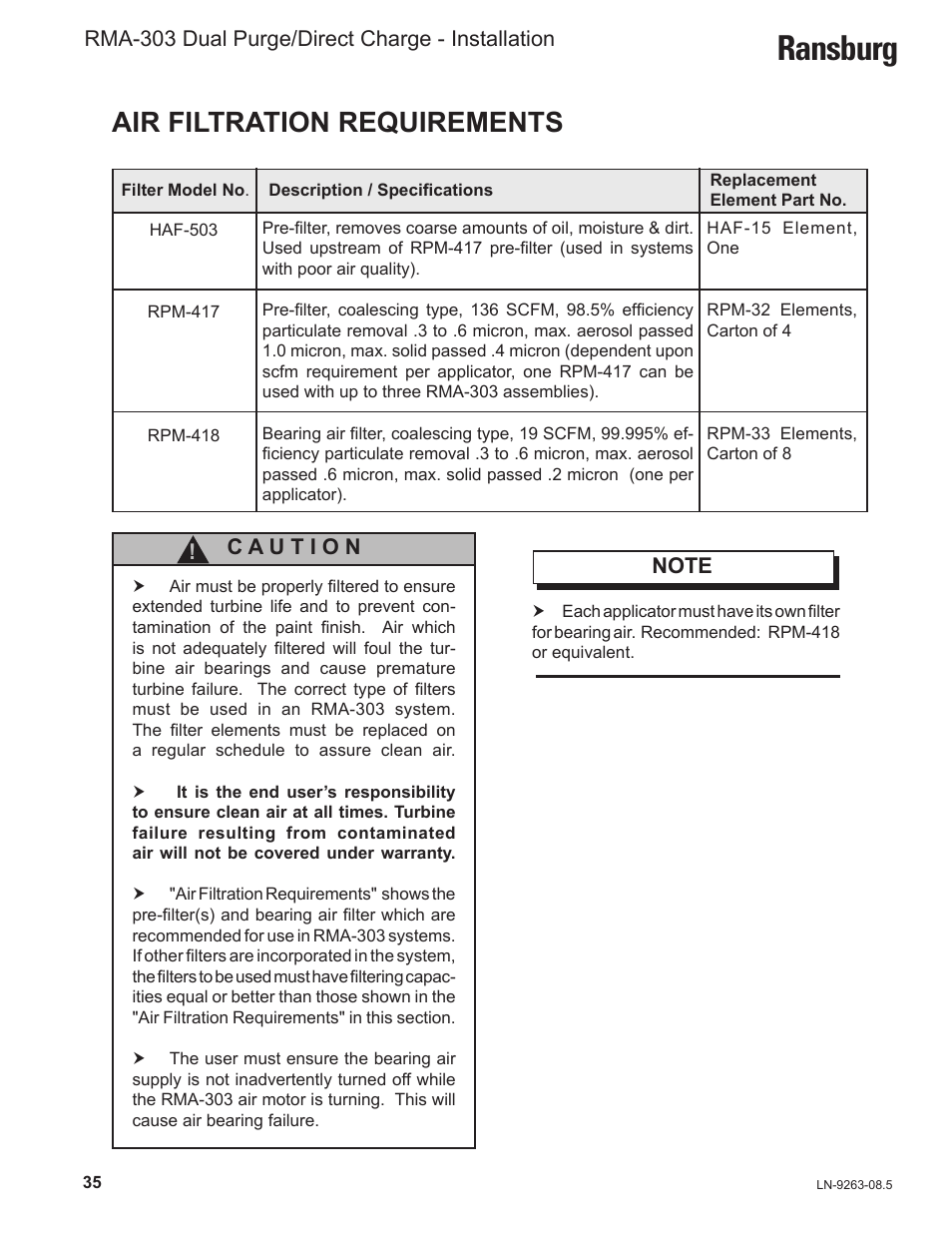 Ransburg, Air filtration requirements, Rma-303 dual purge/direct charge - installation | Ransburg RMA Dual Purge Direct A12300 User Manual | Page 40 / 116