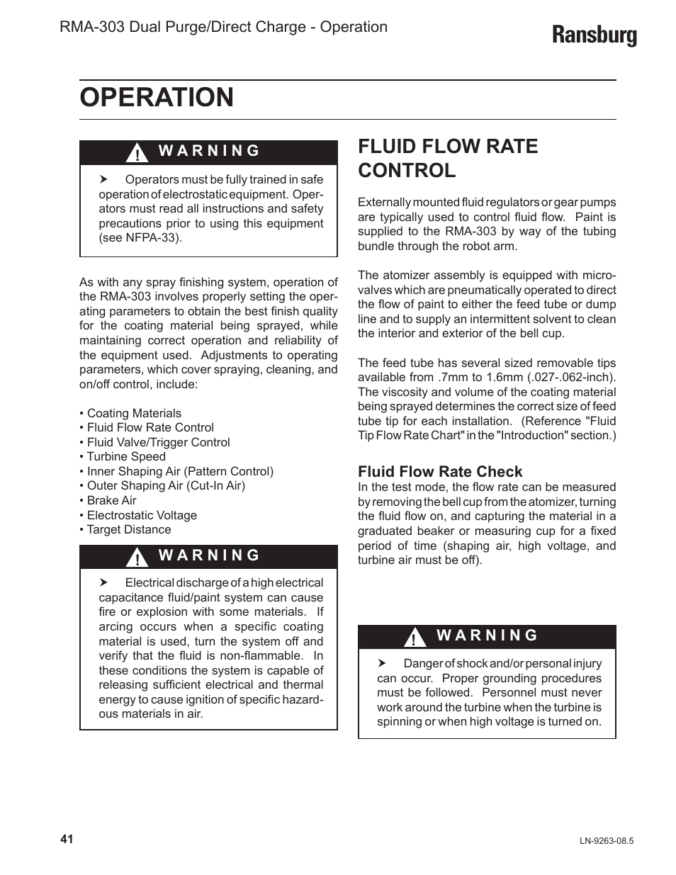 Operation, Ransburg, Fluid flow rate control | Ransburg RMA Dual Purge Direct A12300 User Manual | Page 46 / 116