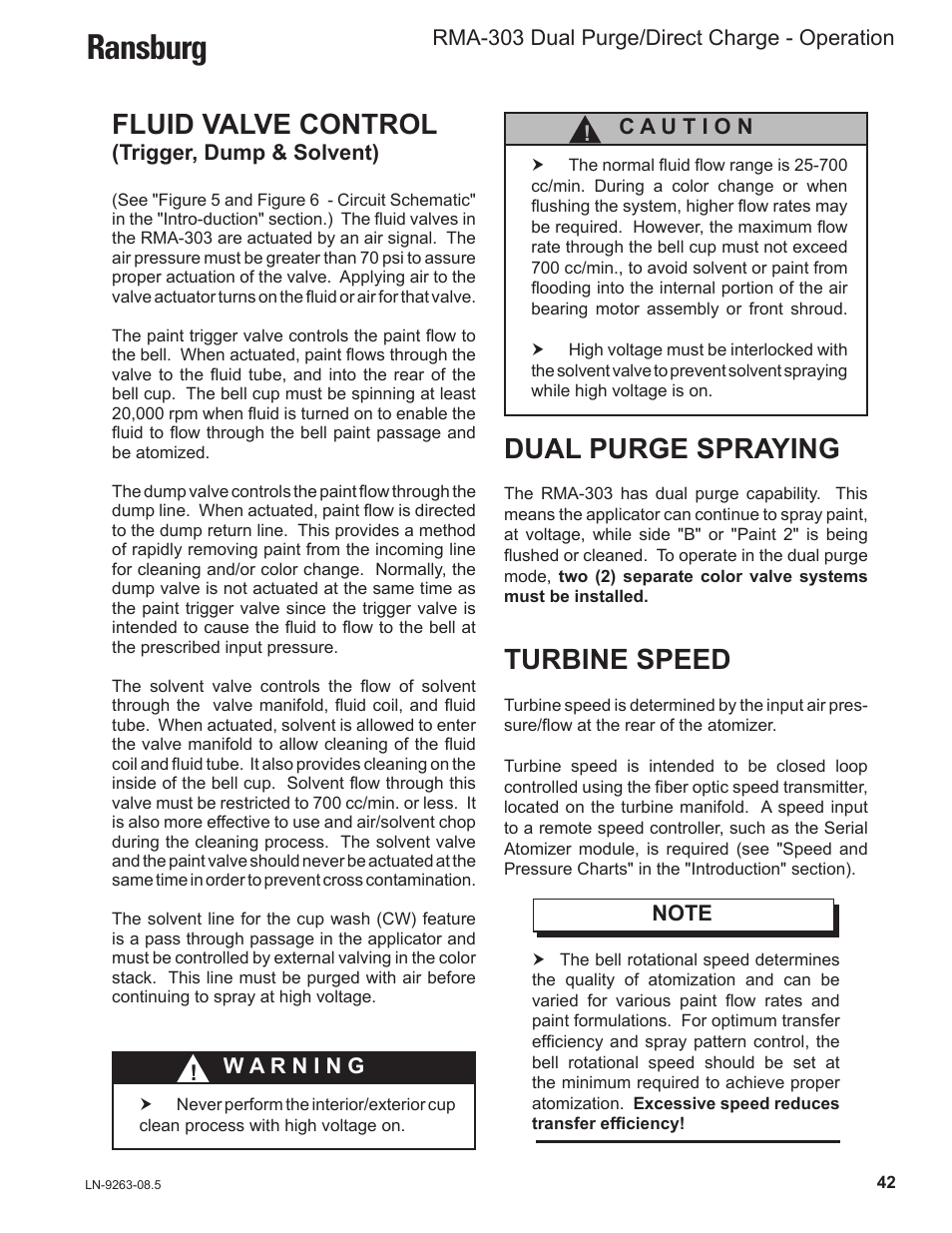 Ransburg, Dual purge spraying, Turbine speed | Fluid valve control | Ransburg RMA Dual Purge Direct A12300 User Manual | Page 47 / 116