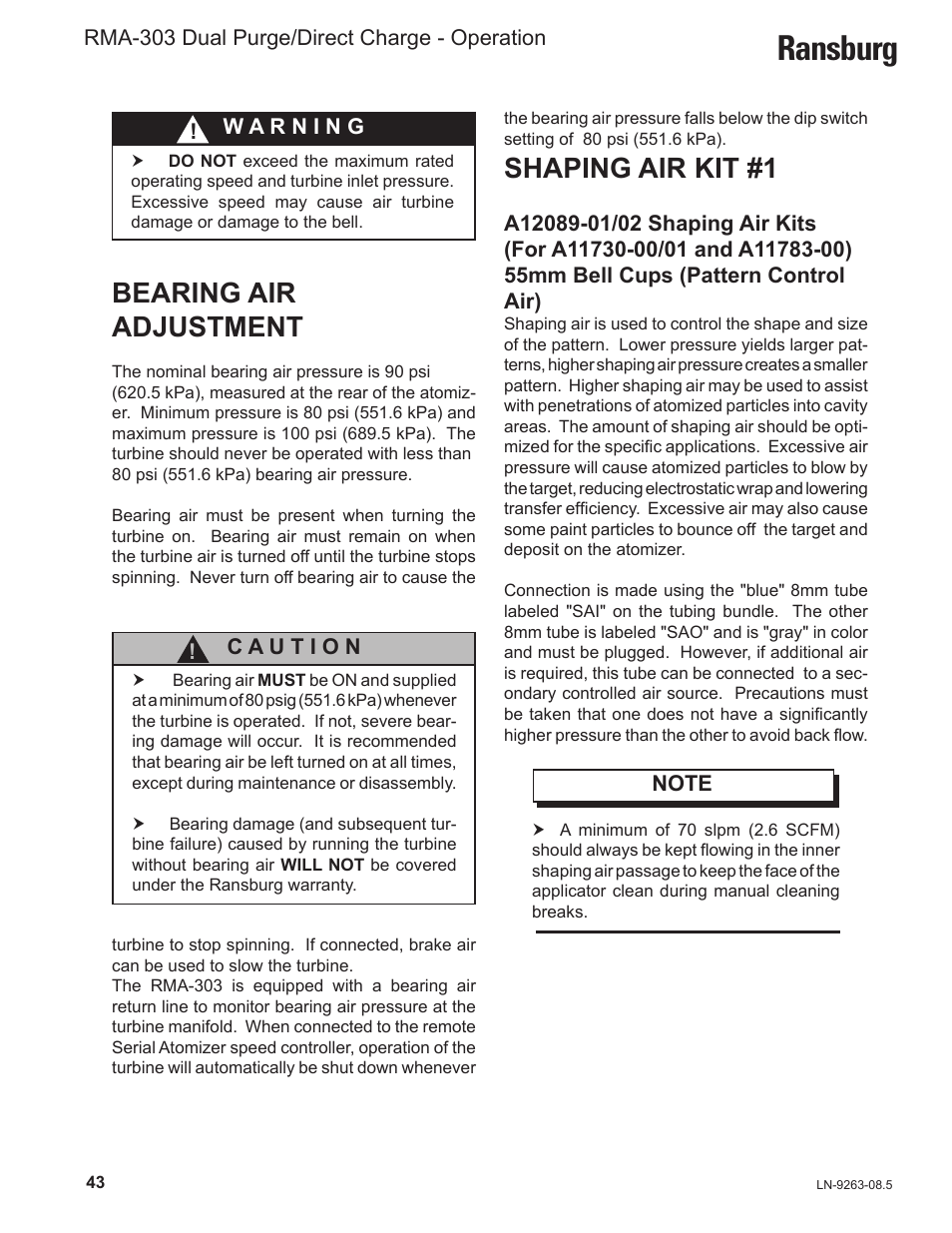 Ransburg, Bearing air adjustment, Shaping air kit #1 | Ransburg RMA Dual Purge Direct A12300 User Manual | Page 48 / 116