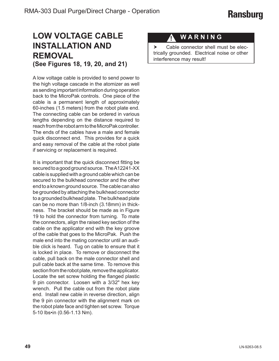Ransburg, Low voltage cable installation and removal | Ransburg RMA Dual Purge Direct A12300 User Manual | Page 54 / 116