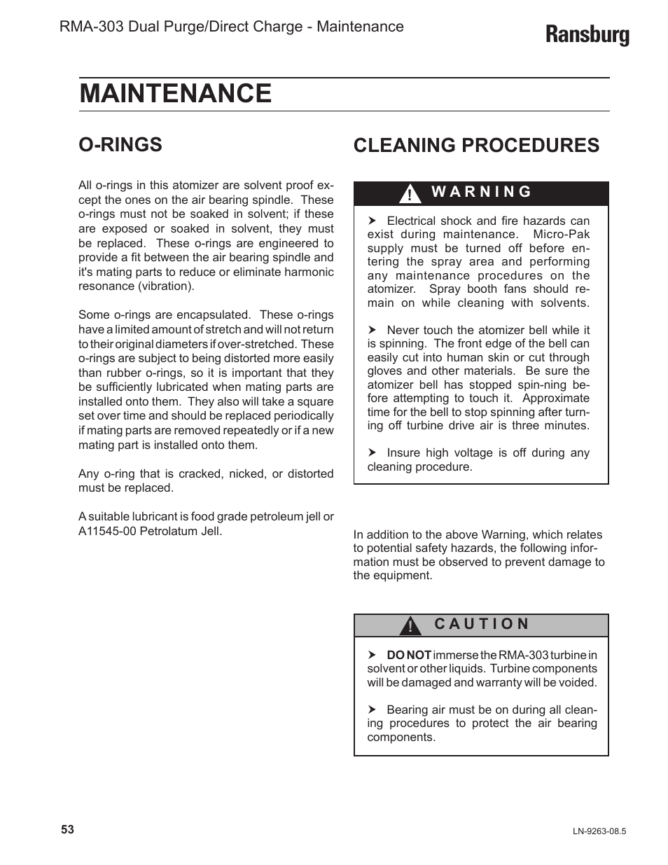 Maintenance, Ransburg, Cleaning procedures | O-rings | Ransburg RMA Dual Purge Direct A12300 User Manual | Page 58 / 116