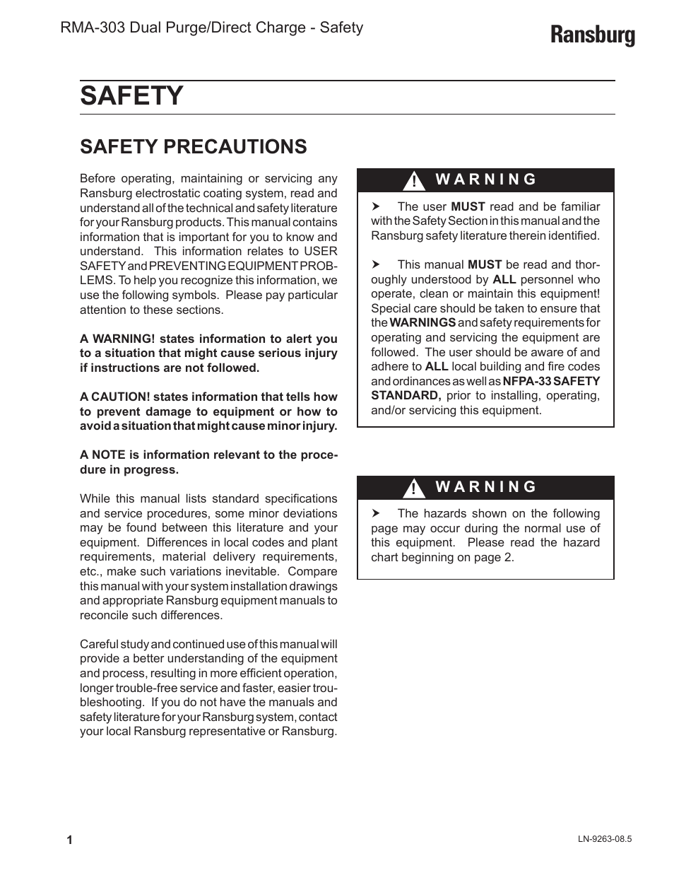 Safety, Ransburg, Safety precautions | Ransburg RMA Dual Purge Direct A12300 User Manual | Page 6 / 116