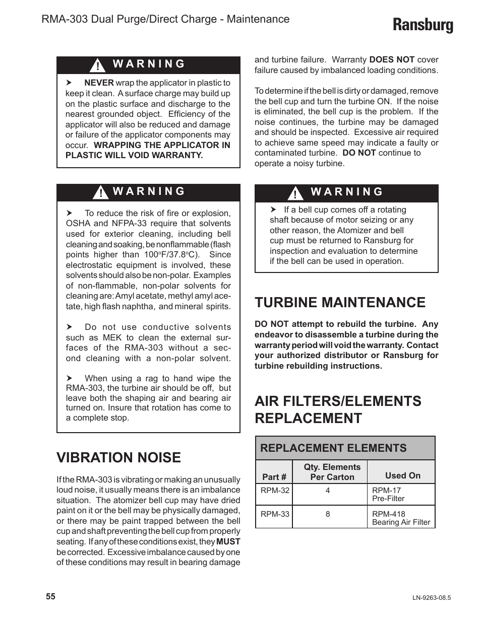 Ransburg, Turbine maintenance, Vibration noise | Air filters/elements replacement, Rma-303 dual purge/direct charge - maintenance, Replacement elements | Ransburg RMA Dual Purge Direct A12300 User Manual | Page 60 / 116