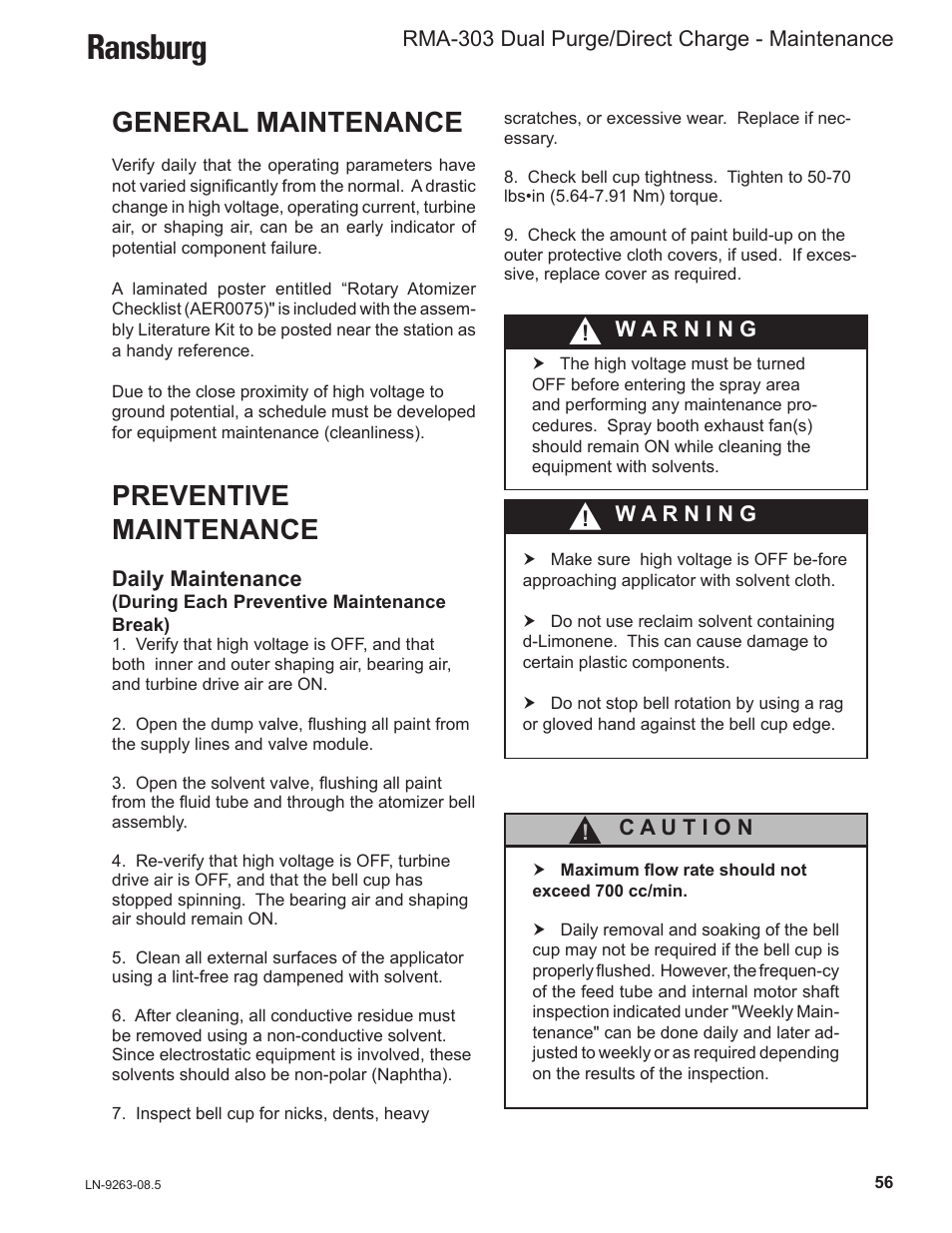 Ransburg, General maintenance, Preventive maintenance | Ransburg RMA Dual Purge Direct A12300 User Manual | Page 61 / 116