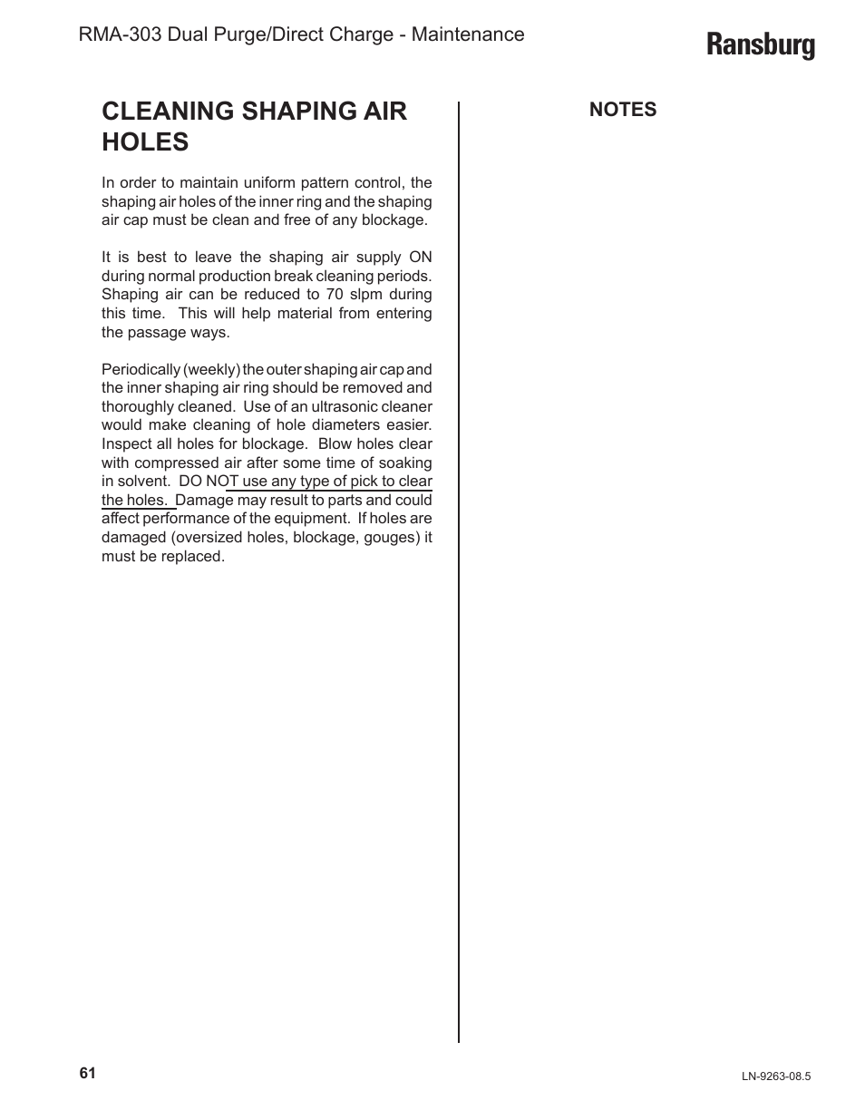 Ransburg, Cleaning shaping air holes | Ransburg RMA Dual Purge Direct A12300 User Manual | Page 66 / 116